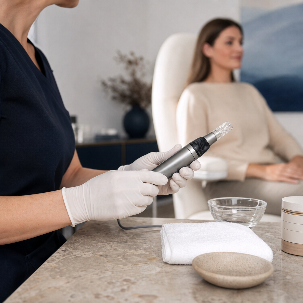 Gloved hands prepare a microneedling device on a clean treatment table in a calm beauty studio.