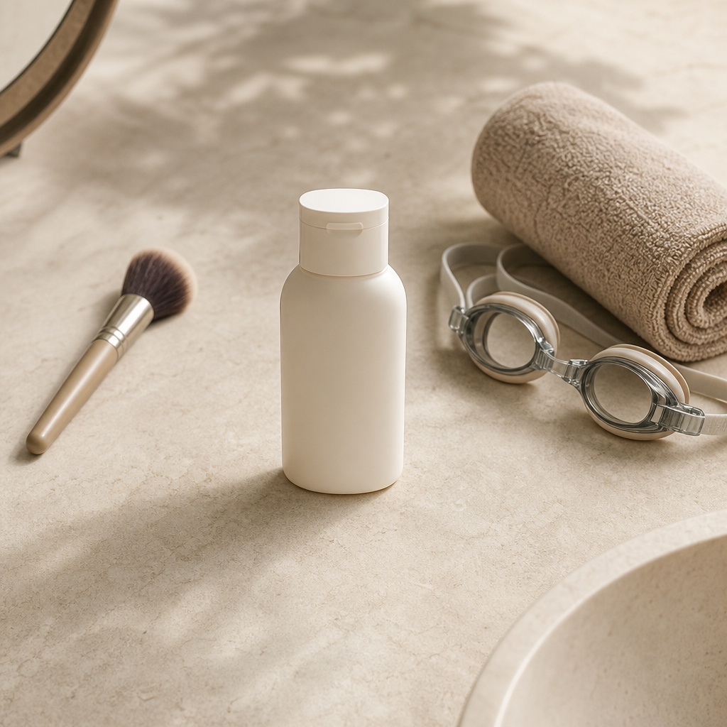 Einfache Objektgrafik mit Sonnenschutz, Make-up-Pinsel, Handtuch und Schwimmbrille zur Nachsorge nach Microneedling