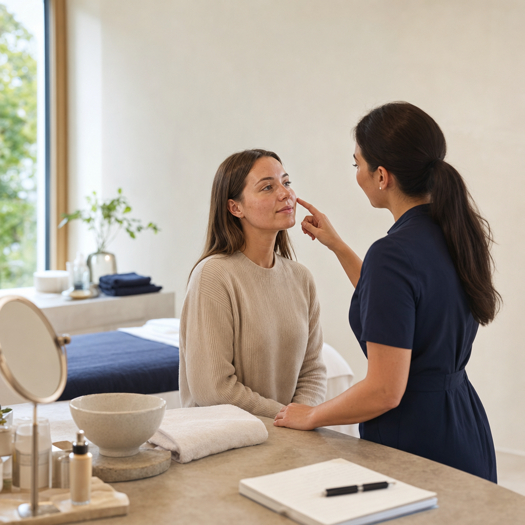 Ruhige Hautberatung vor Microneedling bei unreiner Haut ohne Behandlungsszene.