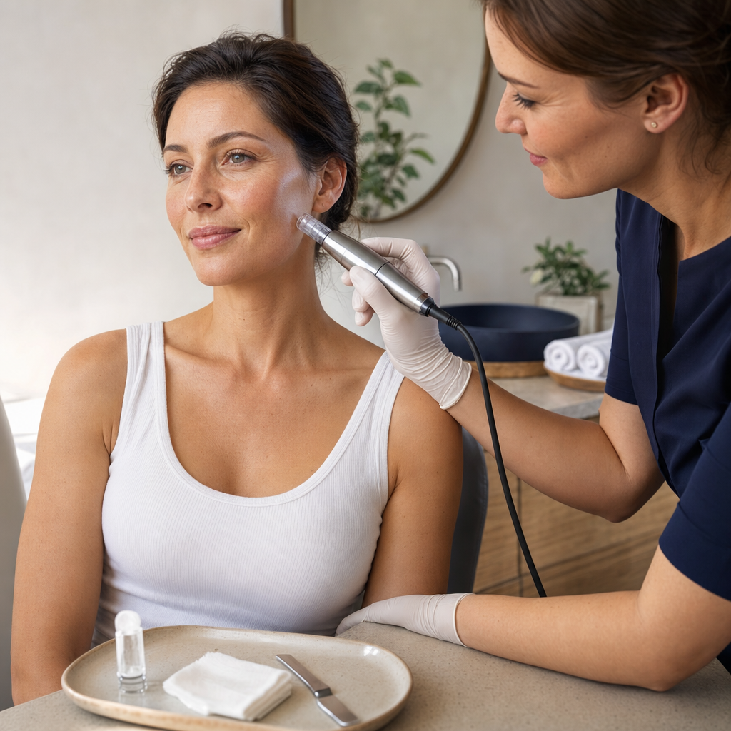 Kosmetikerin zeigt ein Microneedling-Gerät in einem sauberen Studio in Fellbach.