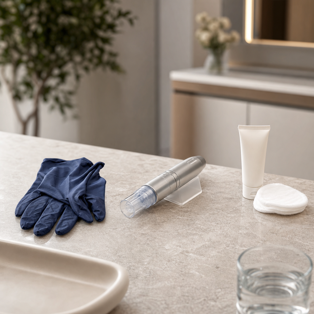 Textfreie Objektanordnung zu Hygiene, Behandlungskontrolle und Nachpflege beim Microneedling.