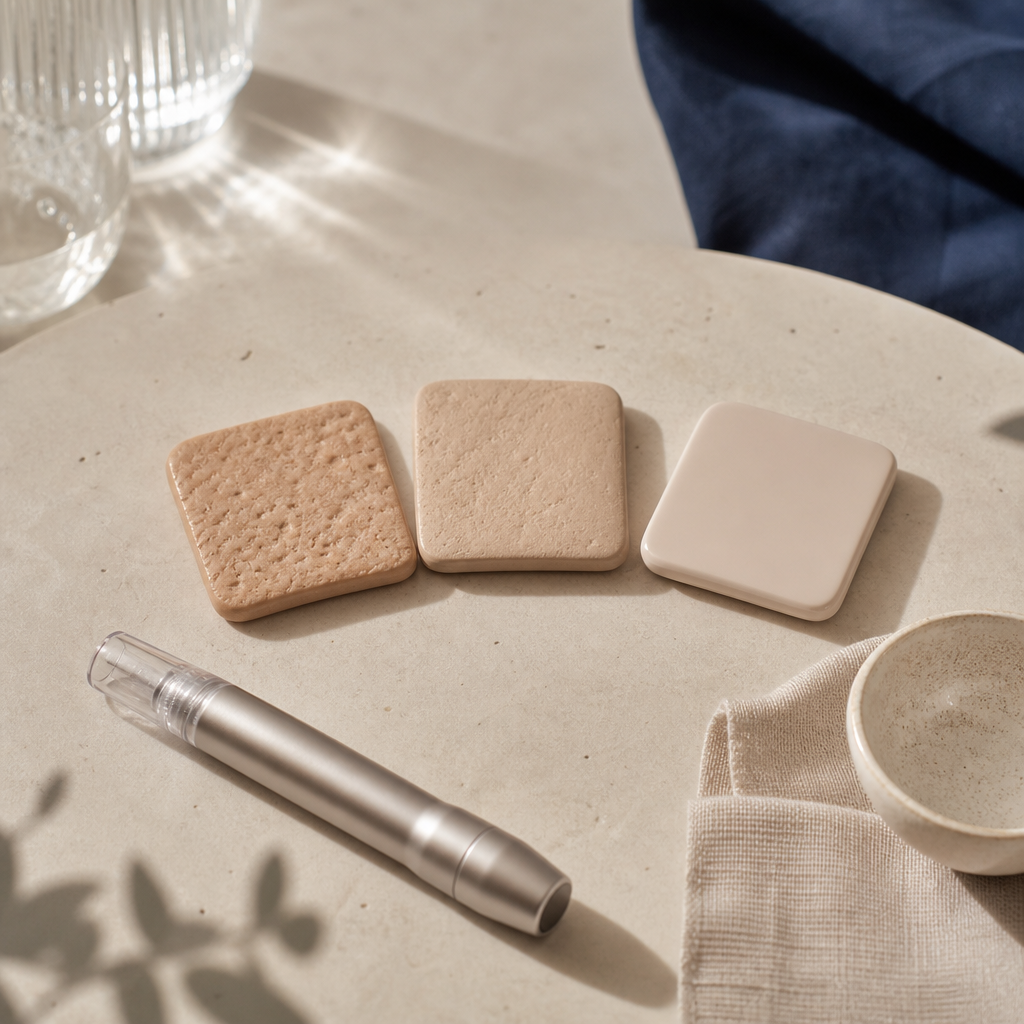 Textfreie Darstellung mit Hautstruktur-Objekten und Microneedling-Gerät als Symbol für realistische Erwartungen.