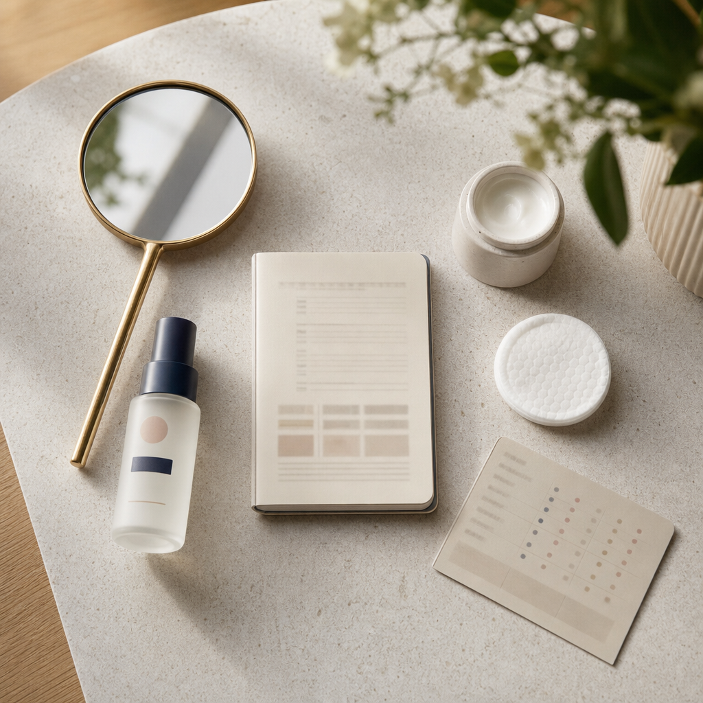 Notizbuch, Spiegel und Pflegeprodukte als Checkliste für die Vorbereitung auf den ersten Microneedling-Termin.