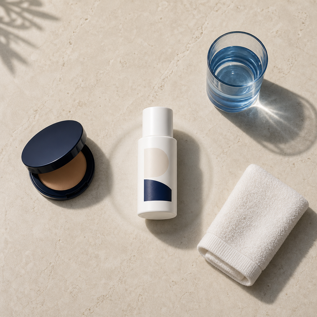 Textfreie Anordnung mit Sonnenschutz, Make-up, Handtuch und Wasser als Nachsorge-Symbol nach Microneedling.