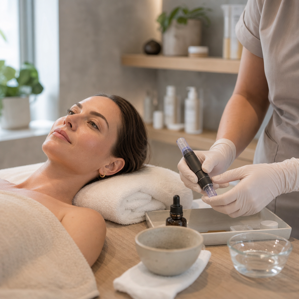 Kosmetikerin bereitet in einem sauberen Studio eine Microneedling-Behandlung für eine entspannte Kundin vor.