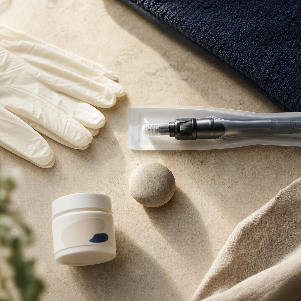 Textfreie Infografik mit Handschuhen, Microneedling-Gerät und Pflegeprodukt als Symbol für Sicherheitsfragen.
