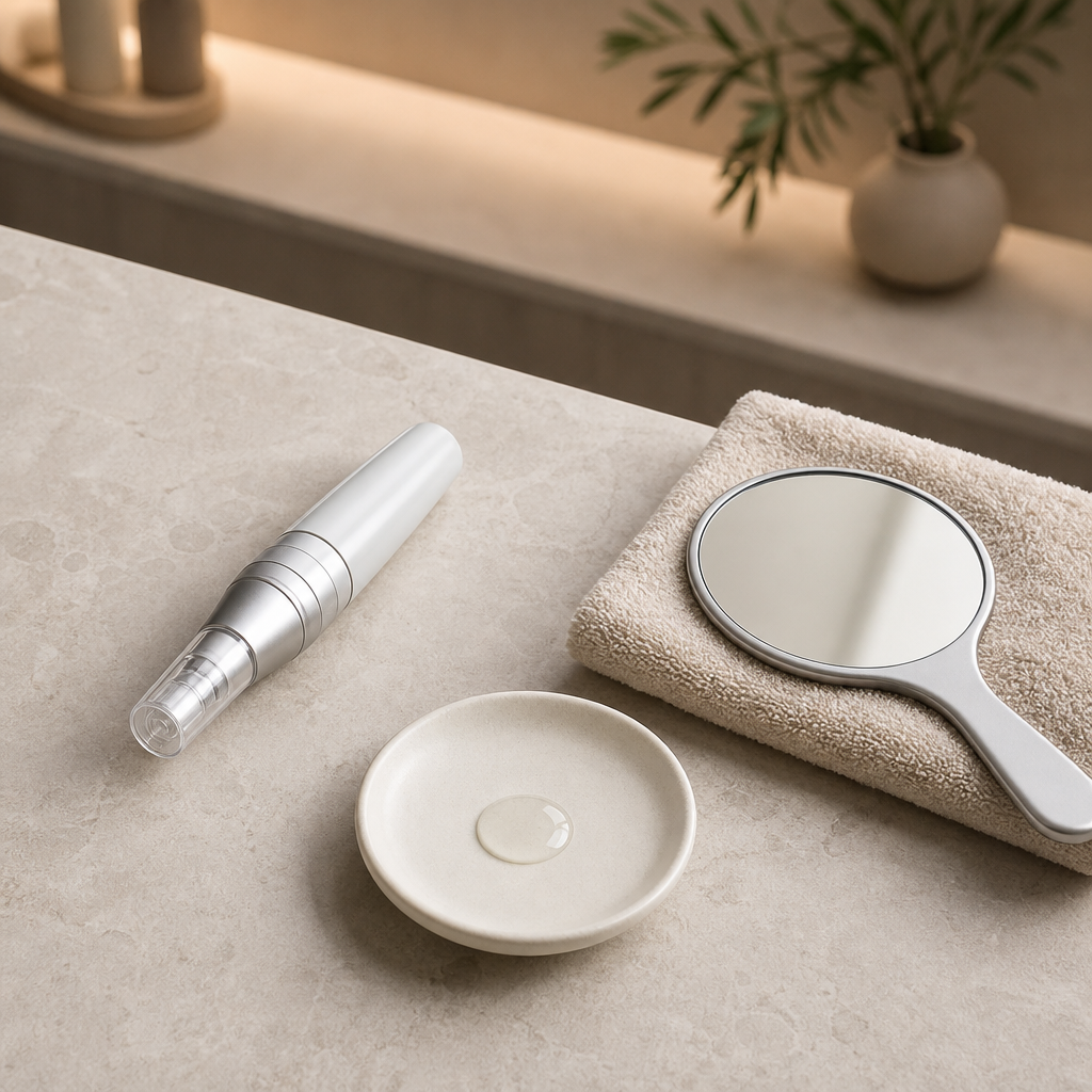 Microneedling-Gerät, Pflegeobjekt, Handtuch und Spiegel als einfache Darstellung von Nutzen und Eignung.