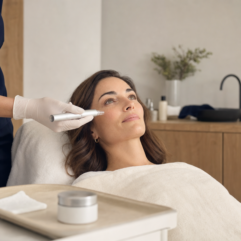 Entspannte Kundin bei einer professionellen Microneedling-Behandlung in einem sauberen Studio.