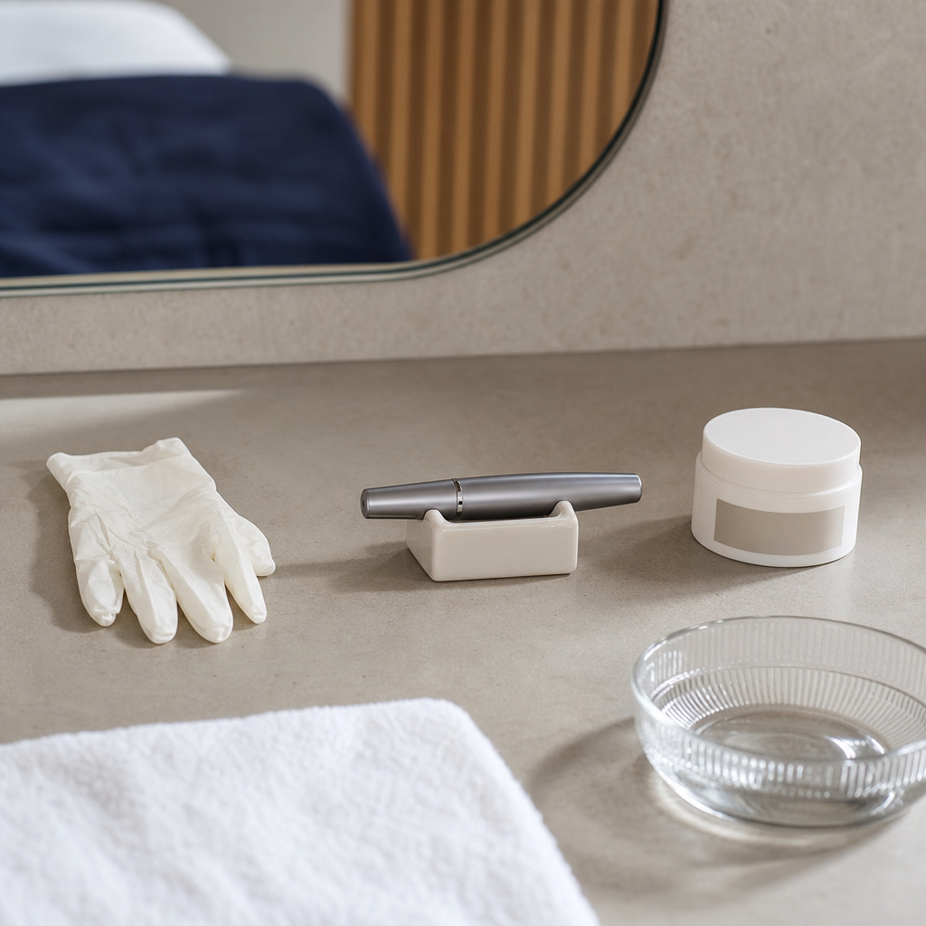 Textfreie Objektgrafik zu Vorbereitung, professioneller Anwendung und Nachpflege beim Microneedling.