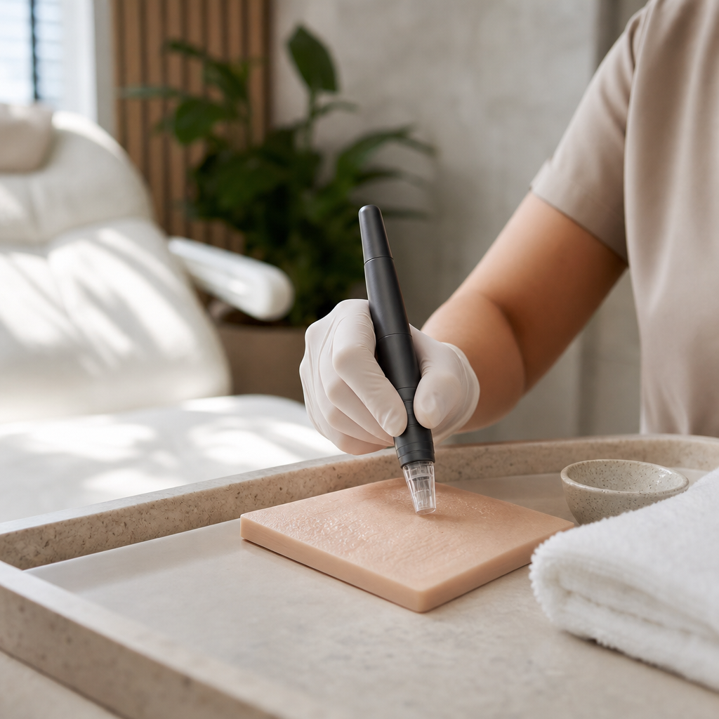 Microneedling-Gerät auf sauberem Behandlungstablett in einem modernen Studio.