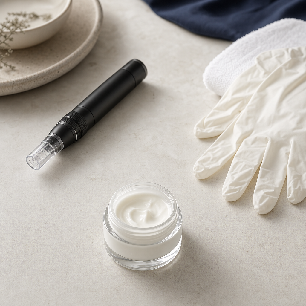 Textfreie Objektgrafik mit Microneedling-Gerät, Handschuhen und Pflegeprodukt als Sicherheitssymbole.