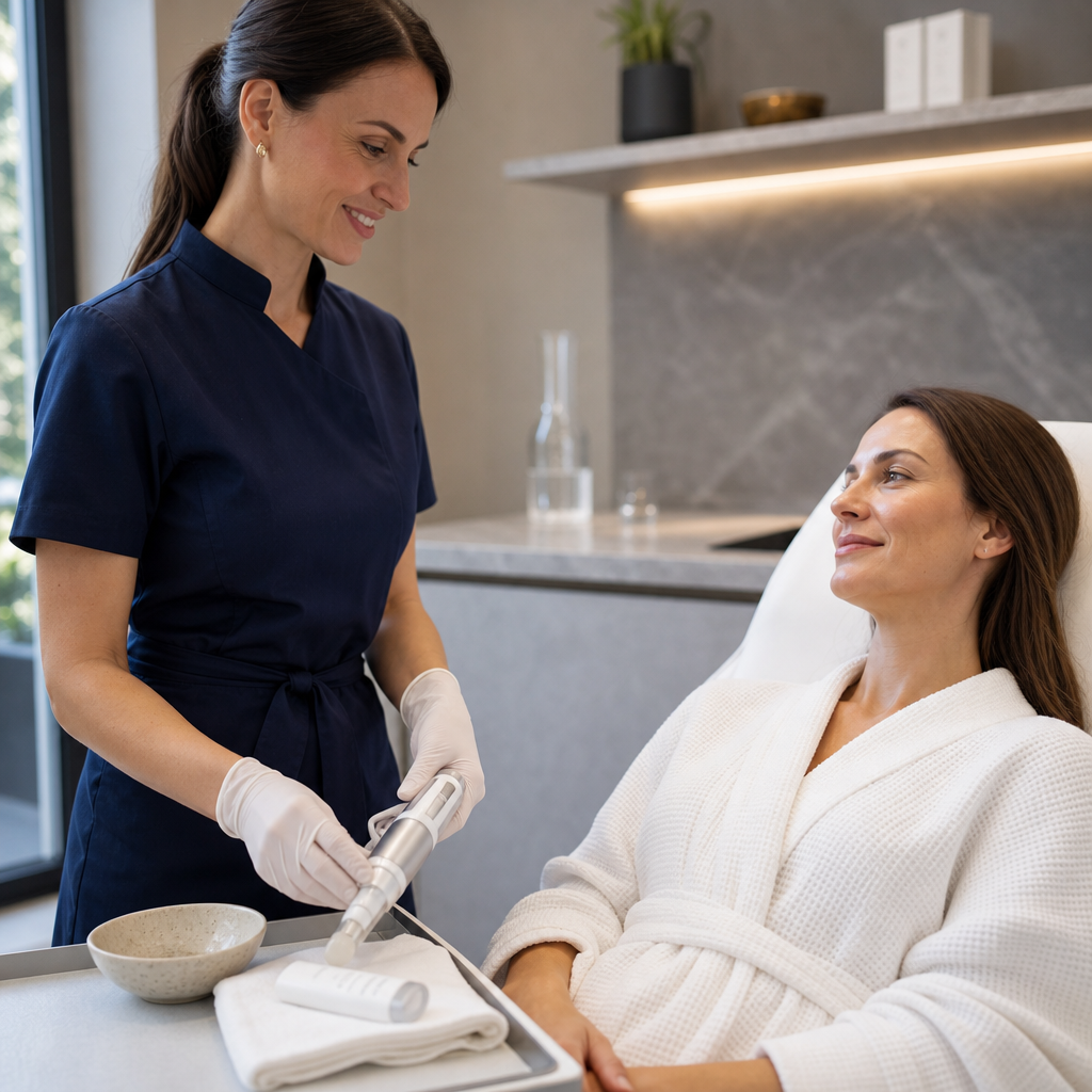 Kosmetikerin bereitet Microneedling in einem modernen Studio in Fellbach ruhig vor.