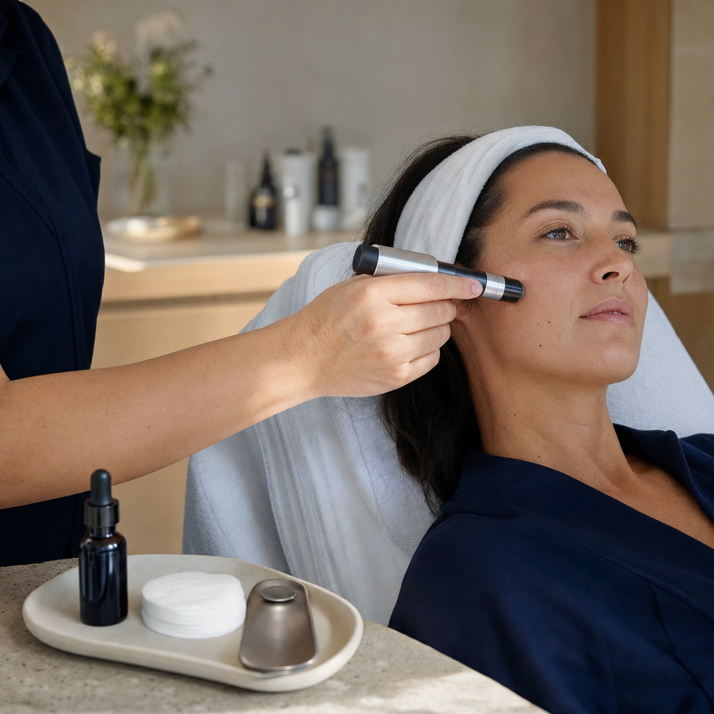 Microneedling Pen nahe an einer Wange in einem ruhigen Kosmetikstudio