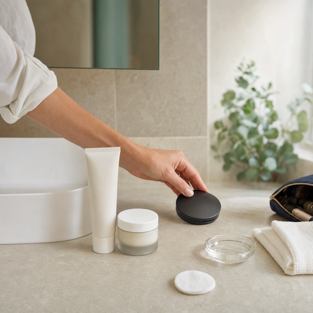 Badezimmer-Szene mit SPF, Pflegeprodukt und beiseitegelegtem Make-up nach Microneedling