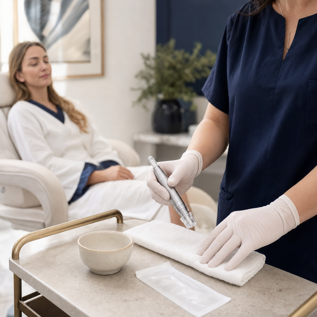 Gloved hands prepare a microneedling device in a clean beauty studio in Fellbach.
