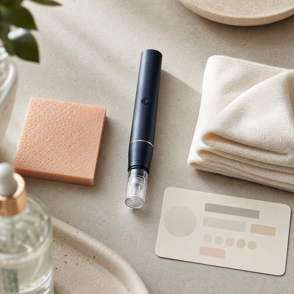 Textfreie Objektgrafik zu Microneedling mit Gerät, Hautsymbol, Kühltuch und Terminnotiz.