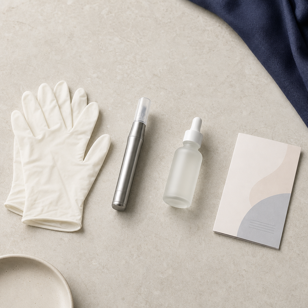 Textfreie Objektgrafik zu Hygiene, Gerät, Hautpflege und Nachpflege beim Microneedling.