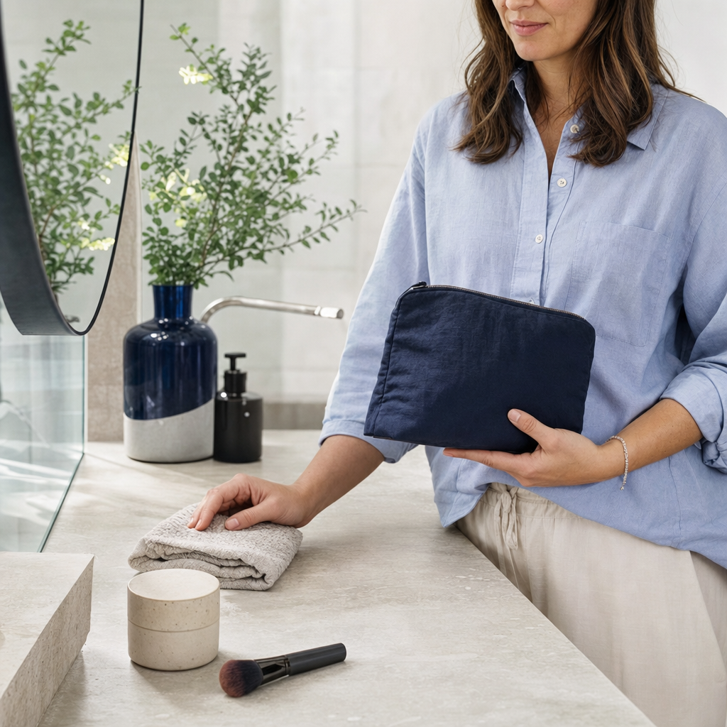 Person hält eine Make-up-Tasche neben Handtuch und Pflegeprodukten nach Microneedling.