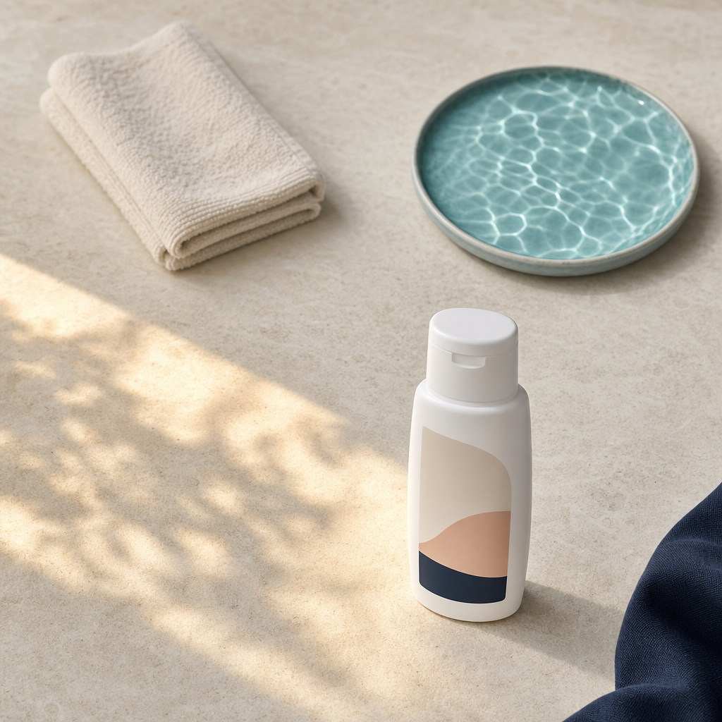 Textfreie Infografik mit Handtuch, Wasserschale, Sonnenlicht und SPF-Flasche nach Microneedling.