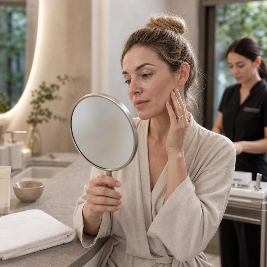 Kundin prüft ihre Haut im Spiegel in einem modernen Beauty-Studio.