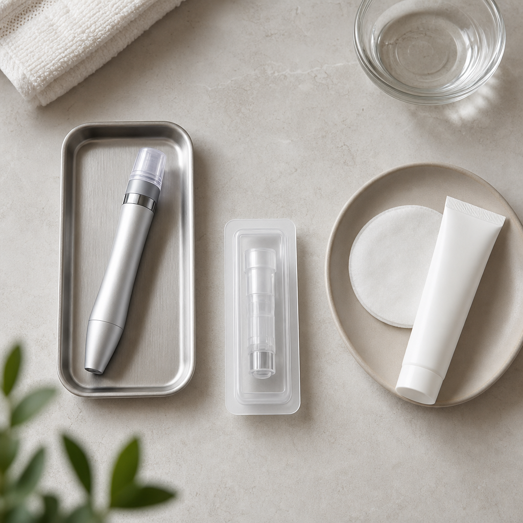 Textfreie Objektgrafik mit Microneedling-Gerät, Hygiene-Element und Nachpflege.