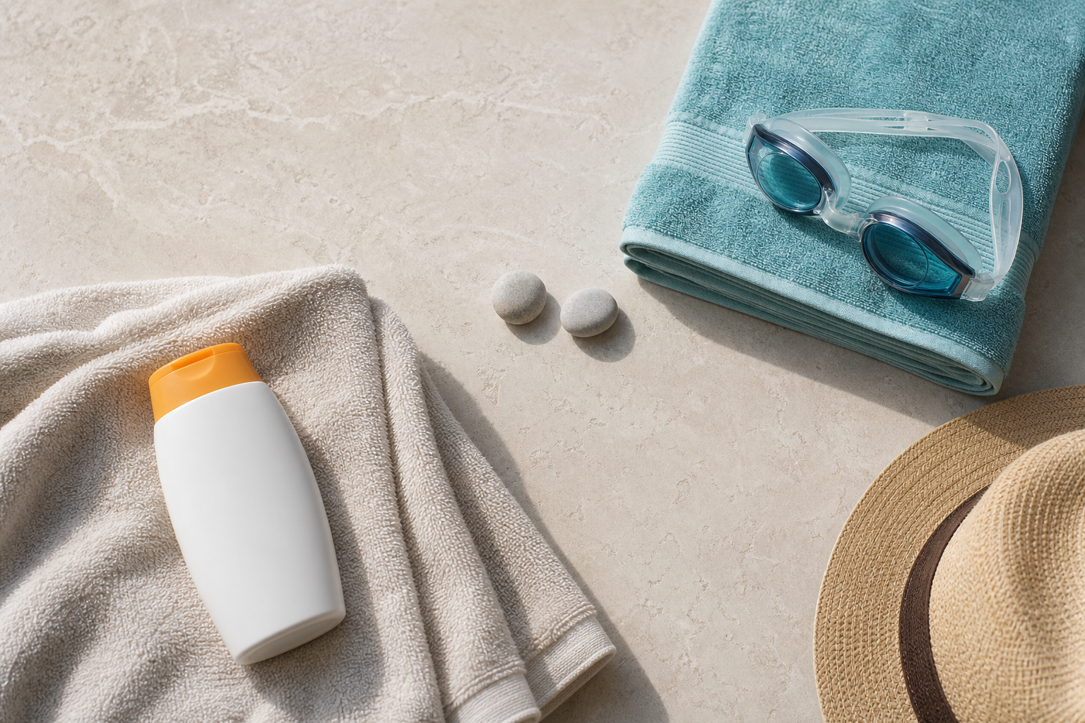 Textfreie Anordnung mit Sonnenpflege, Handtuch und Schwimmutensilien zur Planung nach Microneedling.