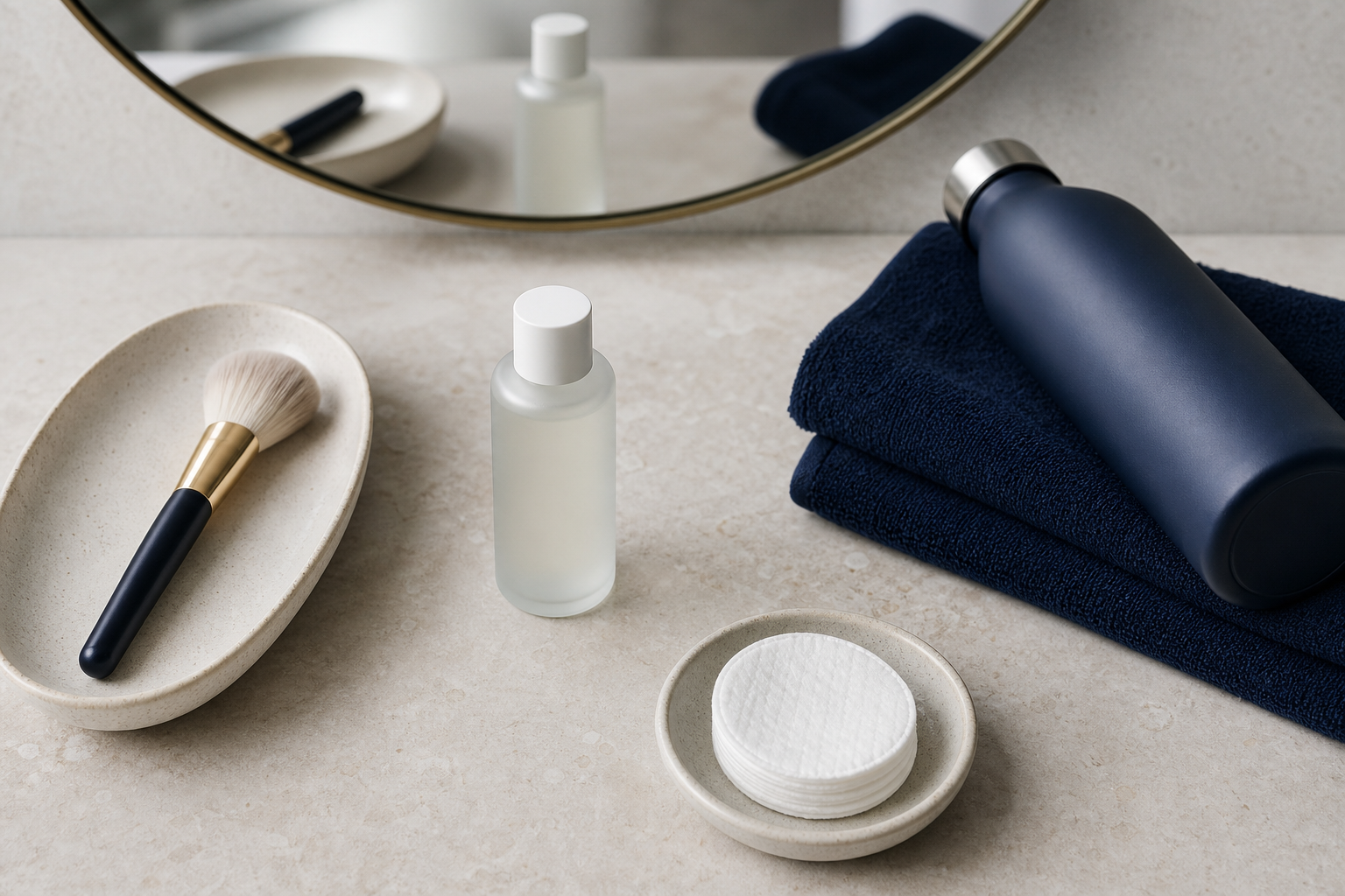 Textfreie Objektgrafik mit Pflegeprodukt, Make-up-Pinsel, Handtuch und Wasserflasche für Do/Don’ts nach Microneedling.