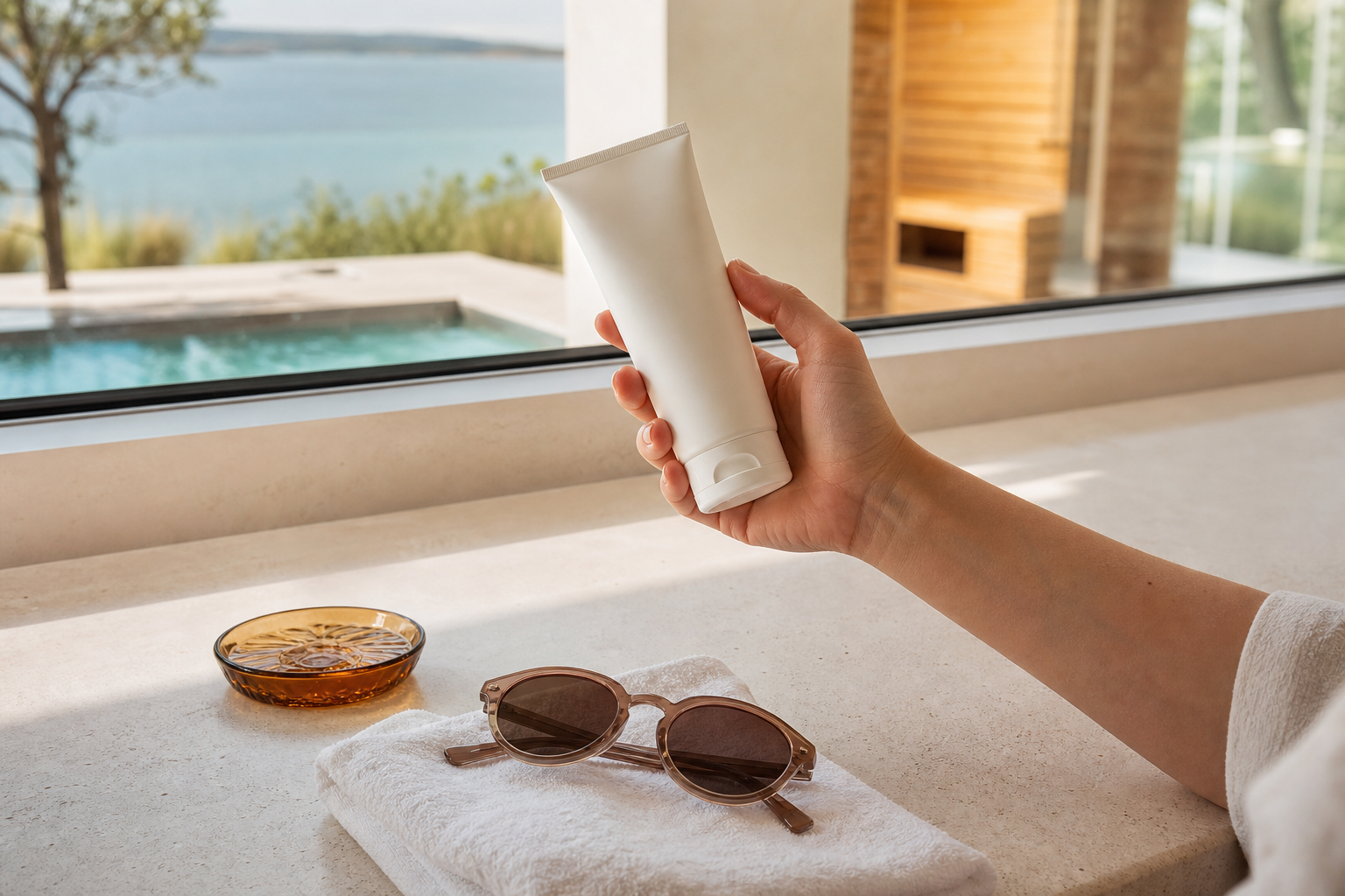 Hand mit Sonnenschutz neben Handtuch und Sonnenbrille als Hinweis auf SPF nach Microneedling.