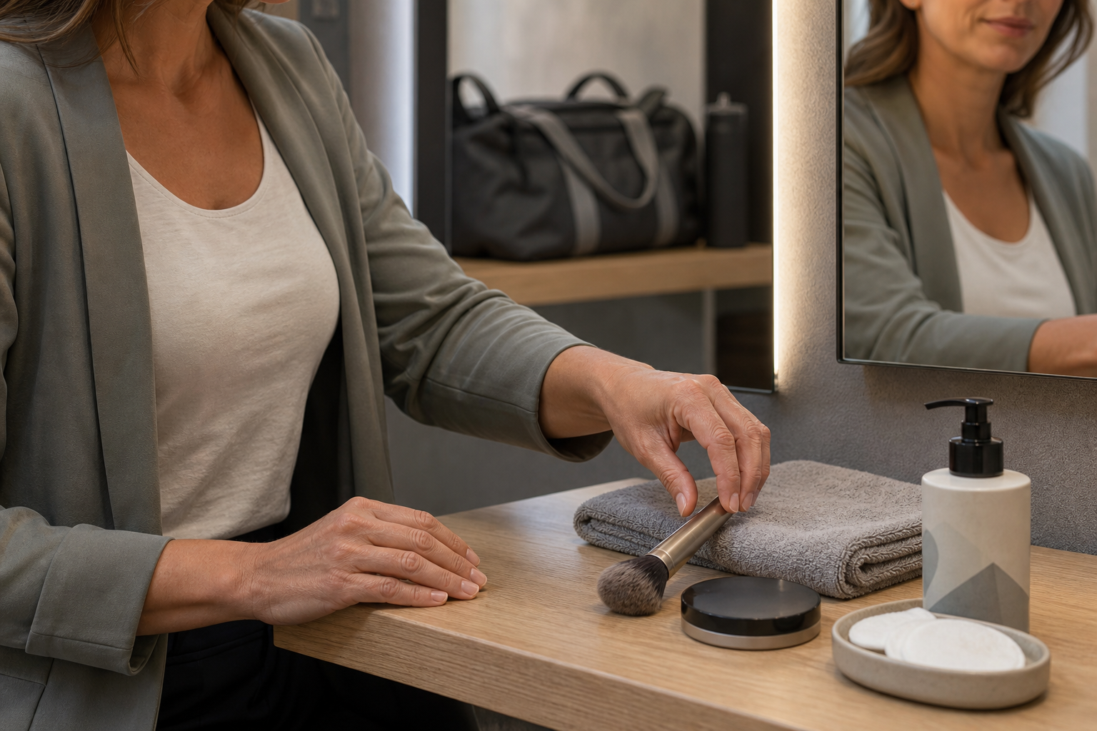 Geschlossener Make-up-Compact und abgelegter Pinsel als Hinweis auf kurze Pausen nach Microneedling.