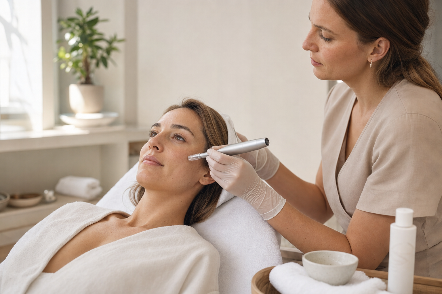 Ruhige Microneedling-Behandlung in einem sauberen Studio mit entspannter Kundin und behandschuhter Fachkraft