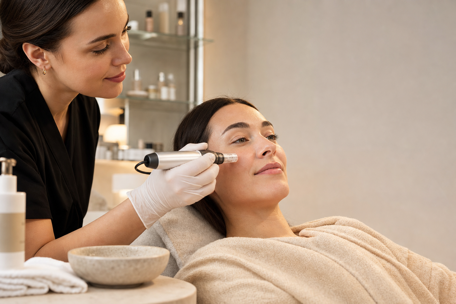Kosmetikerin hält ein Microneedling-Gerät nahe an die Wange einer entspannten Kundin in einem sauberen Studio.