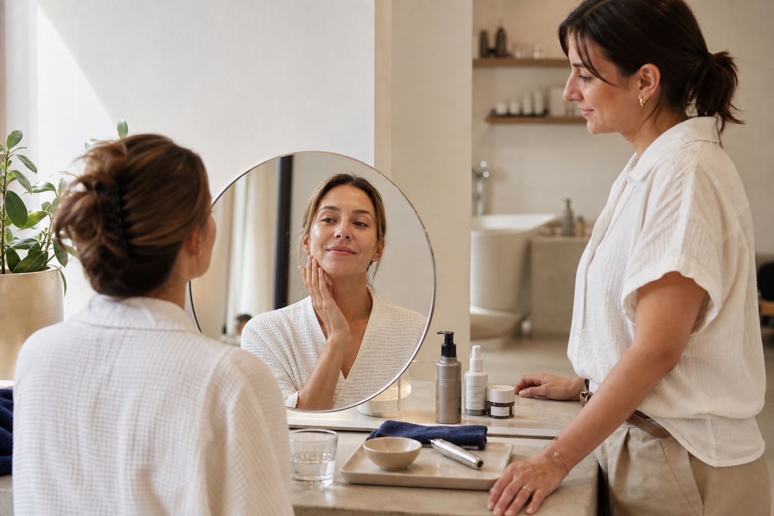Kundin betrachtet ihr Hautbild in einem modernen Beauty-Studio mit Microneedling-Gerät im Hintergrund.