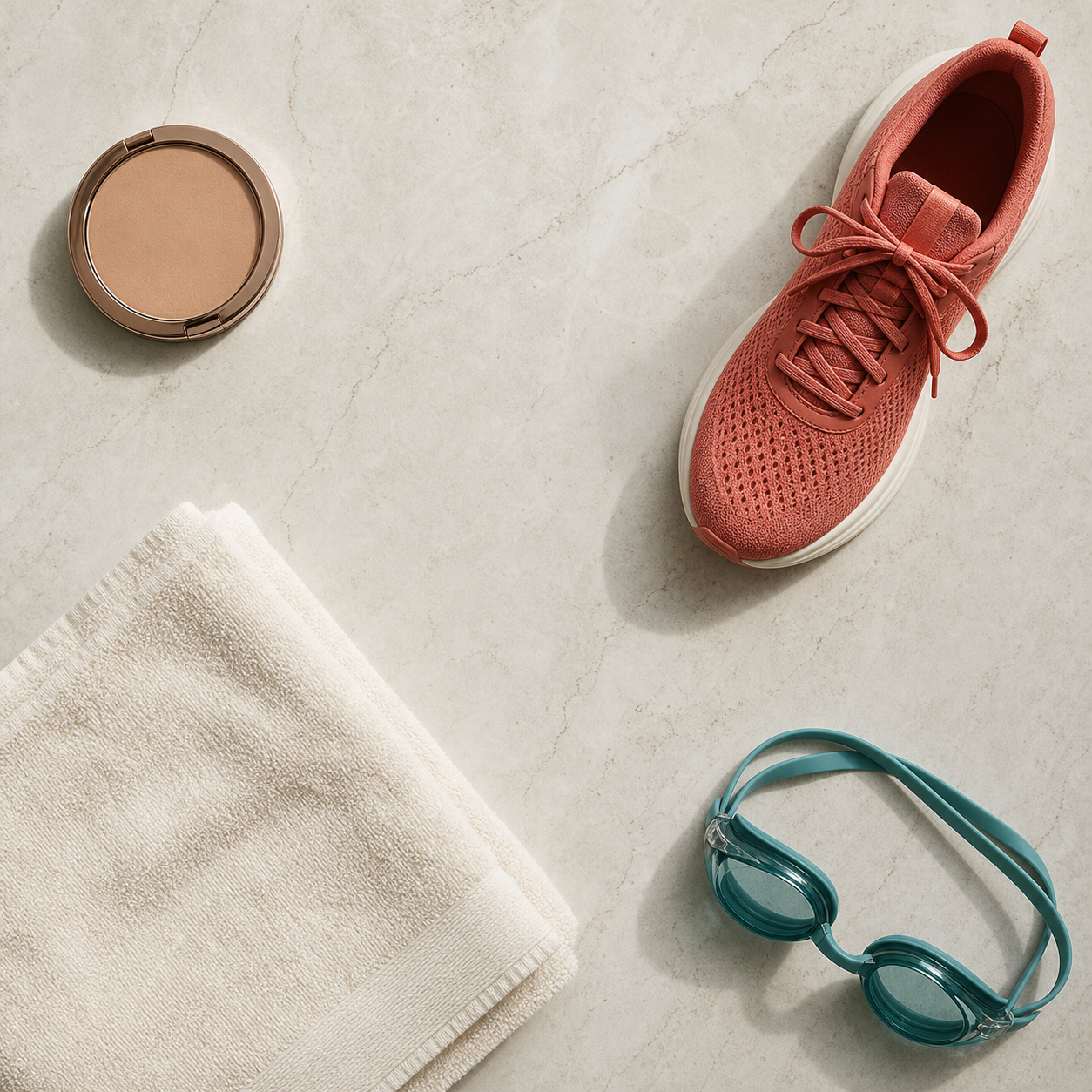 Anordnung von Make-up, Sportschuh, Saunatuch und Schwimmbrille als Pause nach Microneedling.