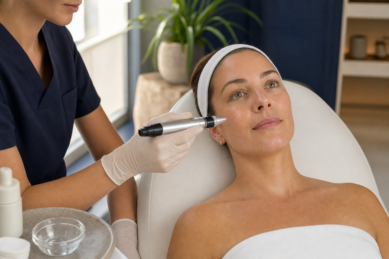 Kosmetische Fachperson hält ein Microneedling-Gerät ruhig neben die Wange einer Kundin.