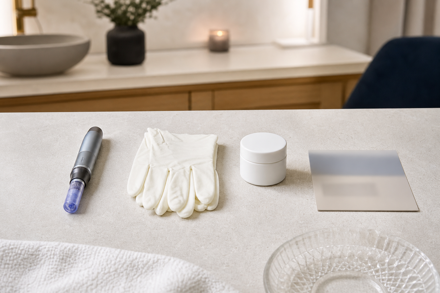 Textfreie Objektanordnung zu Microneedling-Sicherheit, Hygiene, Nachpflege und Terminplanung.