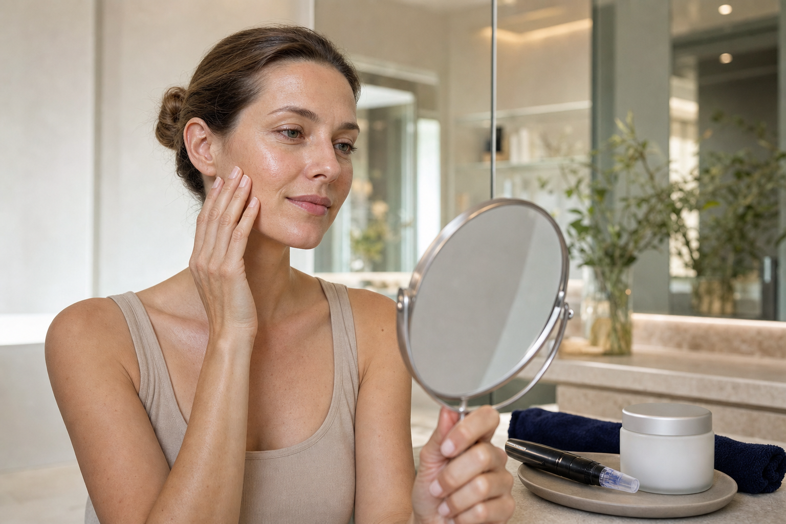 Kundin betrachtet ihre Haut im Spiegel nach einer Microneedling-Beratung im Beauty-Studio.