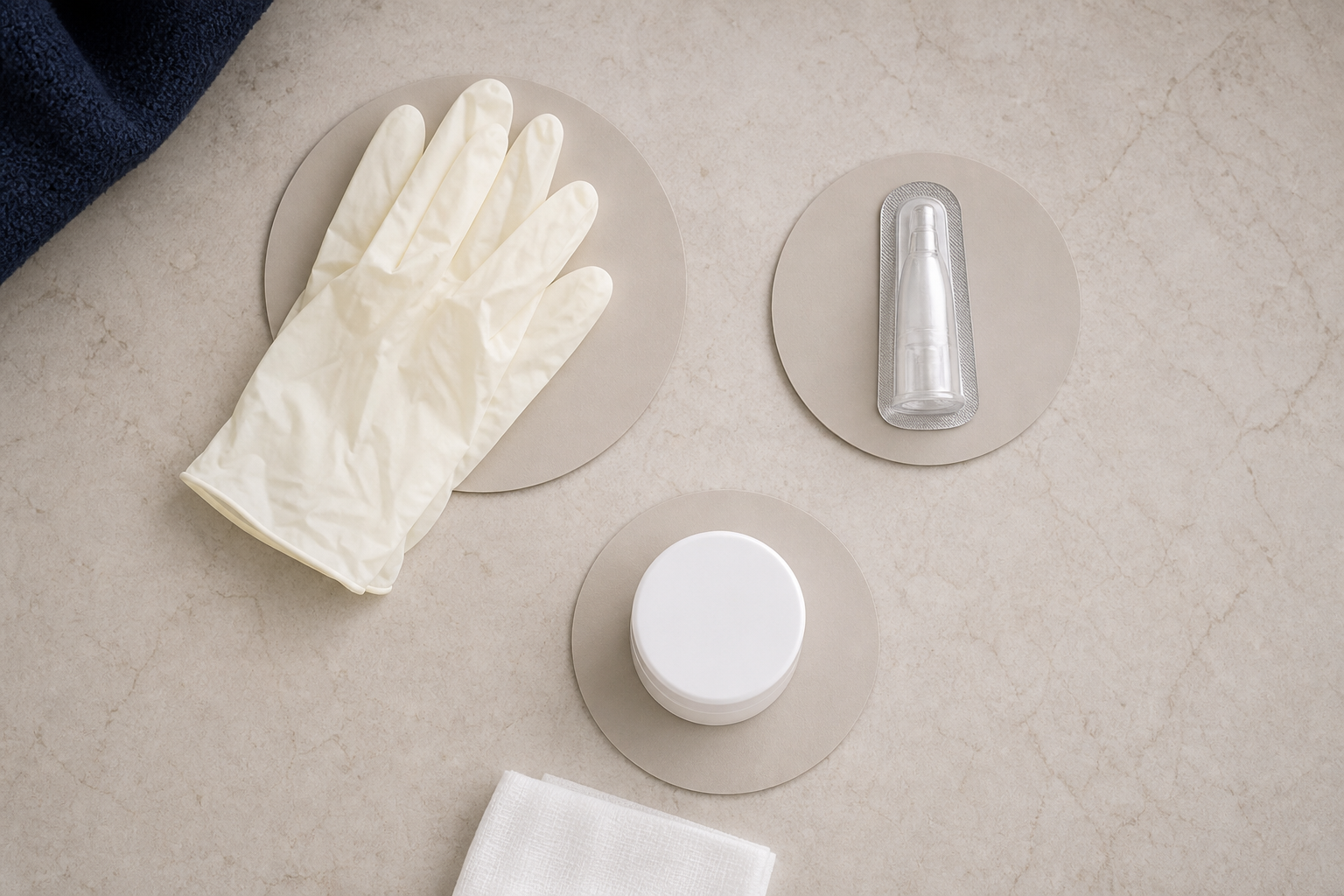 Textfreie Objektgrafik mit Handschuhen, Behandlungskapsel und Pflegecreme als Microneedling-Sicherheitscheck.