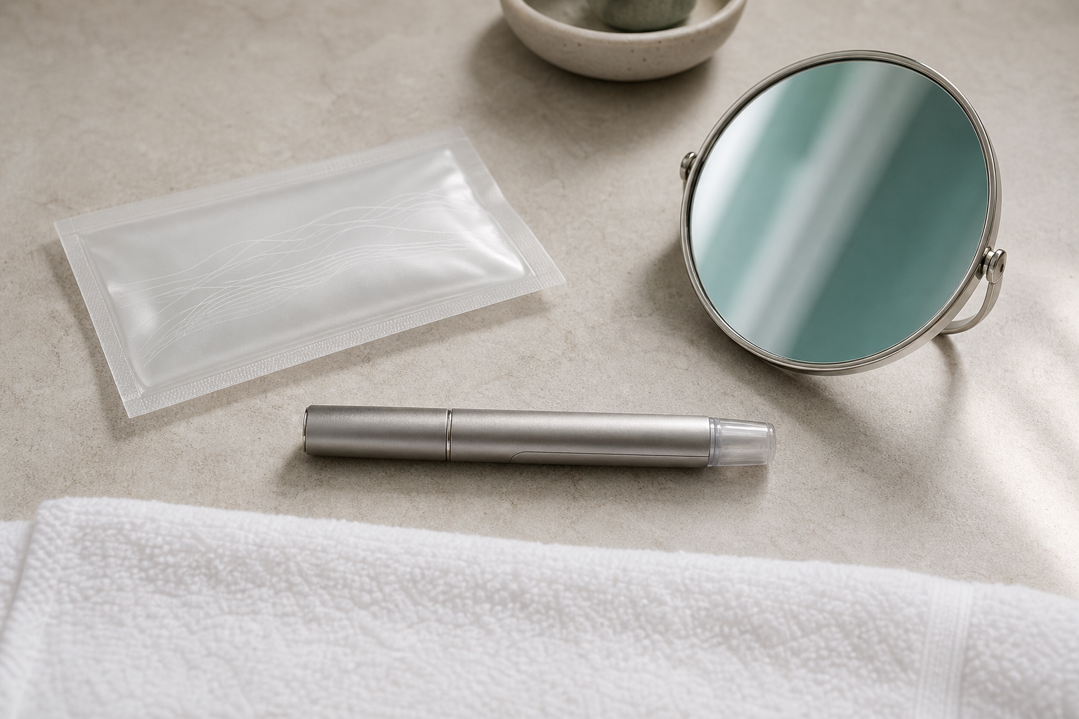 Textfreie Darstellung von Hygiene, Technik und Erwartungen mit Beauty-Objekten auf einer Steinfläche.