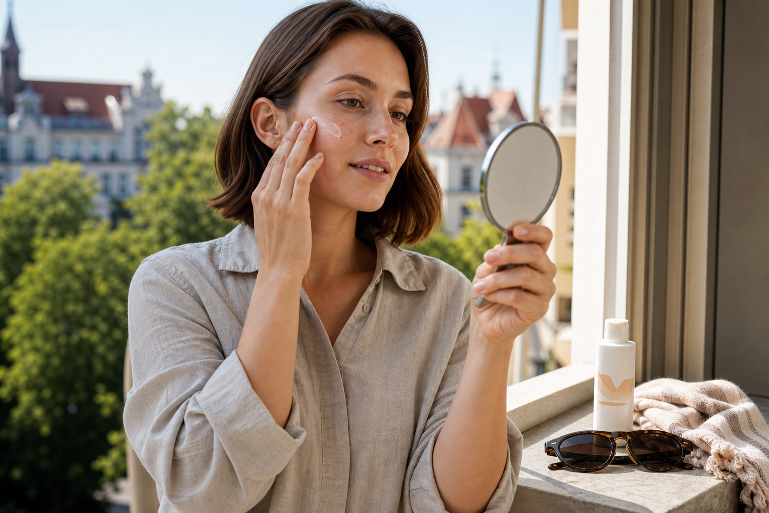 Person trägt nach Microneedling Sonnenschutz am hellen Fenster auf