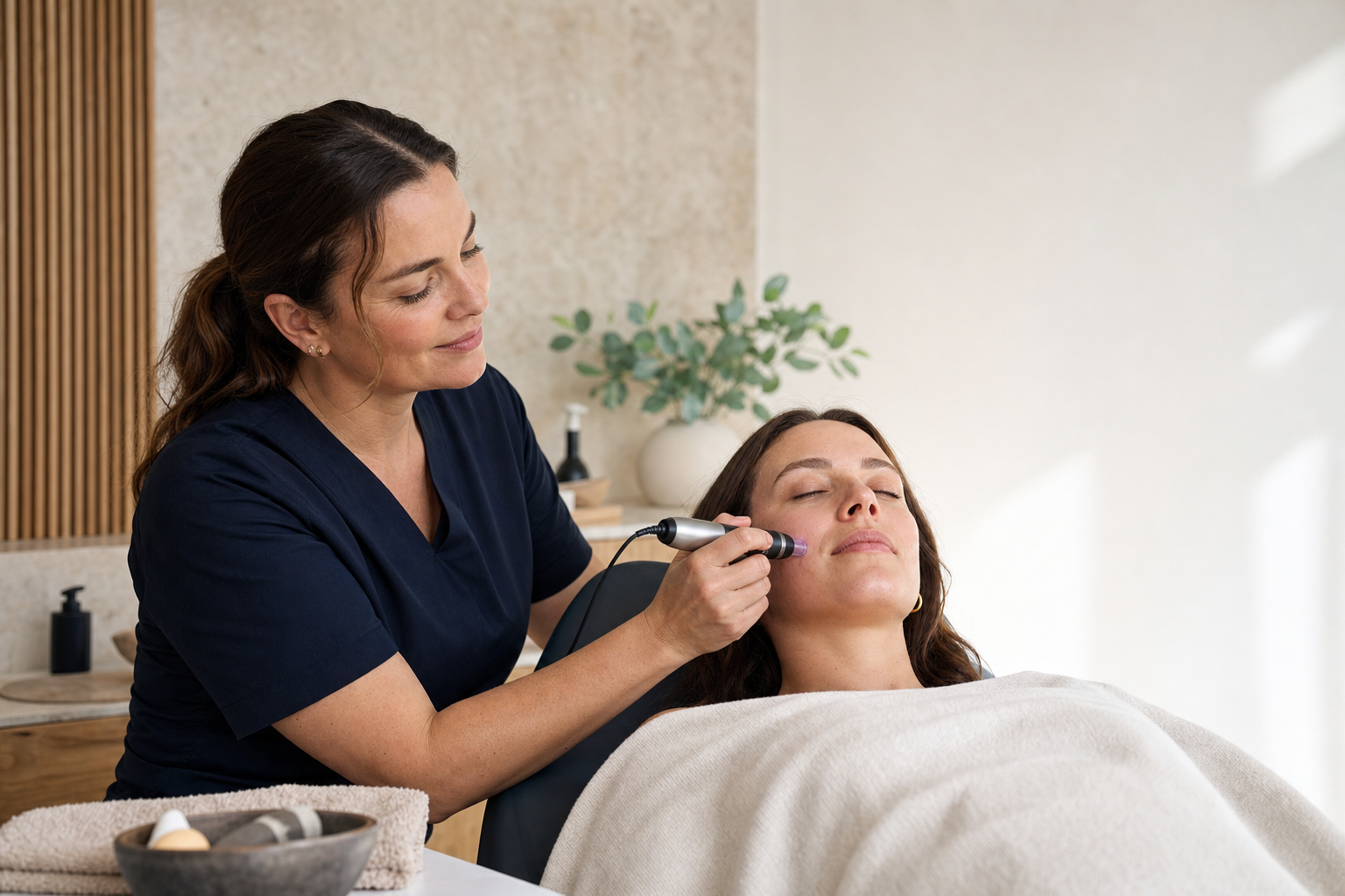 Kosmetische Microneedling-Szene mit Behandlungsgerät nahe der Wange in hellem Studio