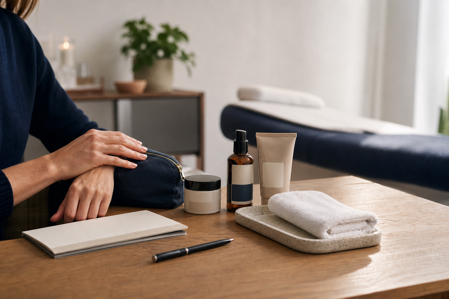 Notizbuch, Pflegeprodukte und Handtasche als Vorbereitung auf den ersten Microneedling-Termin.