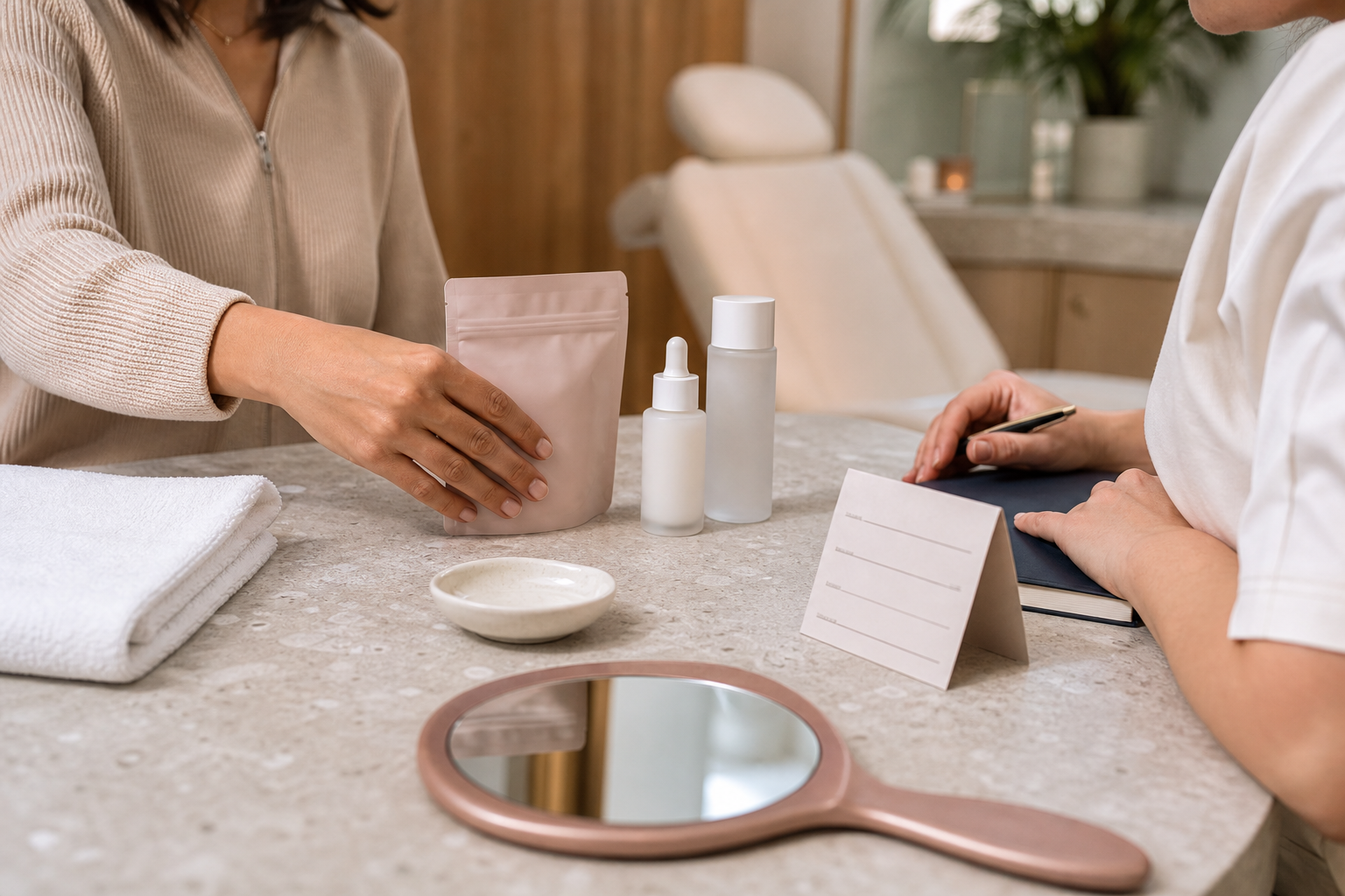 Pflegeprodukte und Notizen auf einem Beratungstisch zur Vorbereitung auf Microneedling.