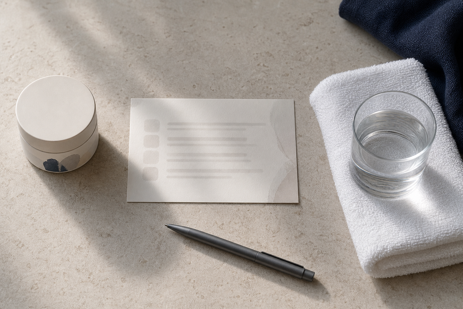 Textfreie Checkliste mit Pflegeprodukt, Notizkarte und Tuch zur Vorbereitung auf Microneedling.