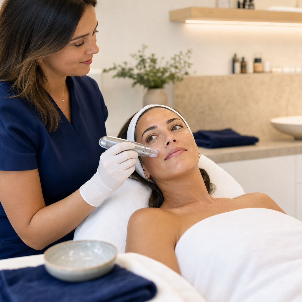 Entspannte Kundin im Studio, während eine Kosmetikerin ein Microneedling-Gerät ruhig erklärt.