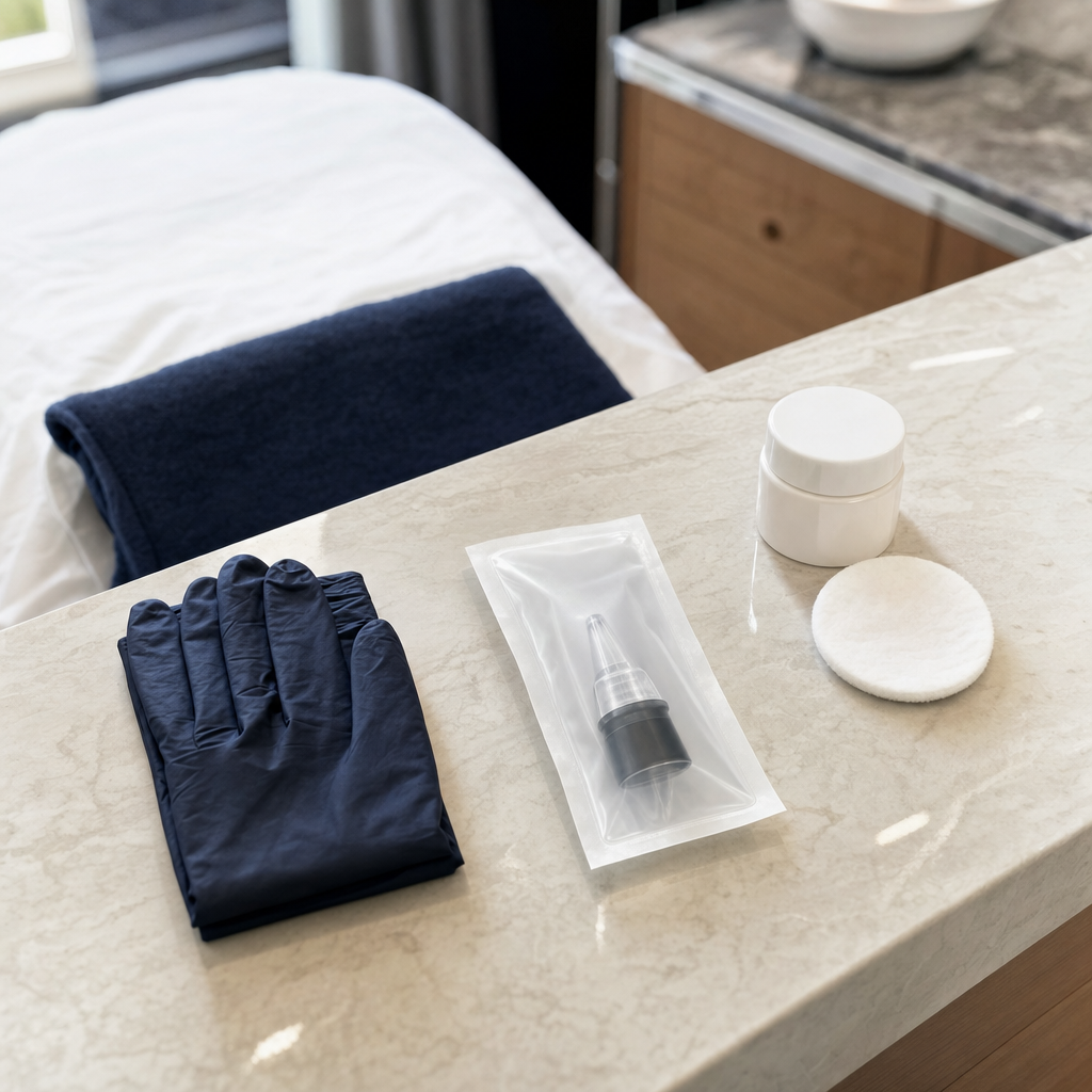 Textfreie Objektanordnung mit Handschuh, sauberem Aufsatz und Pflegeprodukt als Symbol für Hygiene.