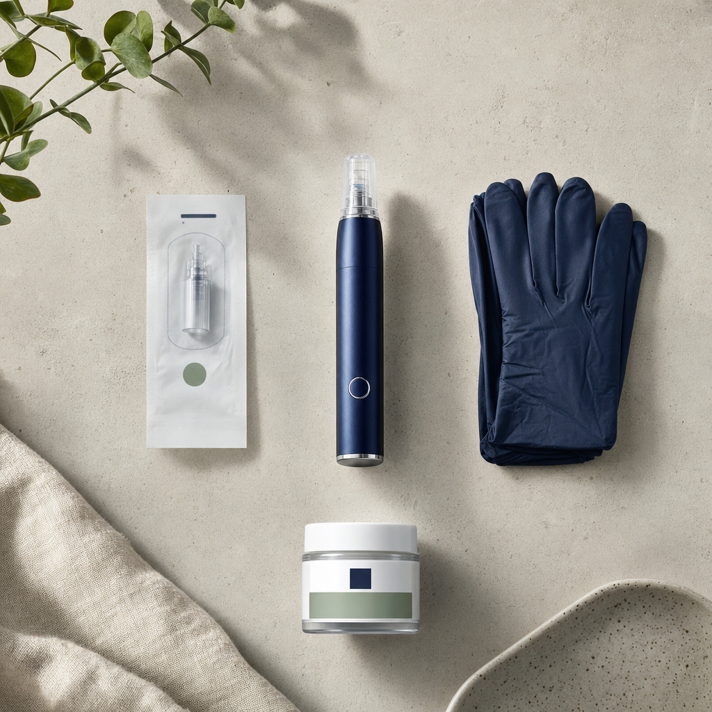 Textfreie Anordnung von Microneedling-Gerät, Handschuhen und Pflegeobjekten auf sauberer Fläche.