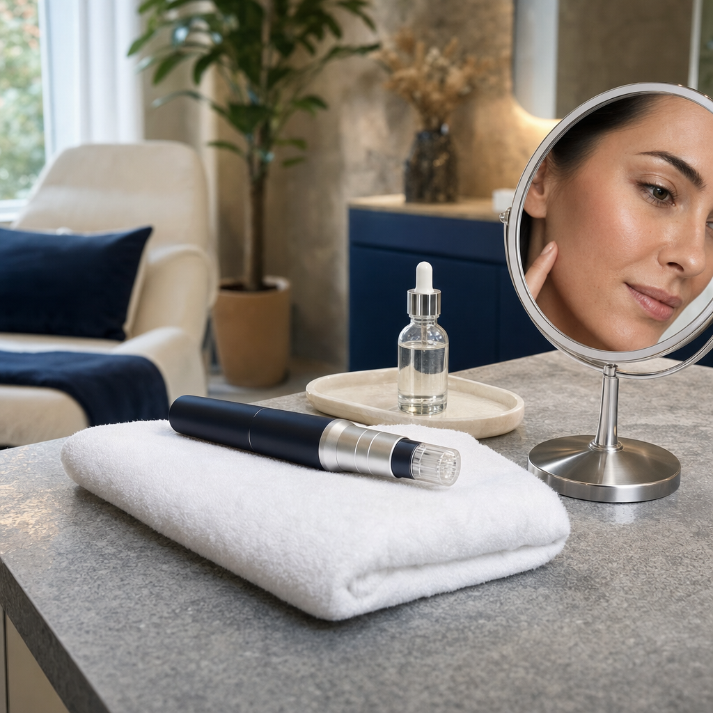 Microneedling-Gerät auf einem sauberen Studiotisch als Symbol für sanfte Hauterneuerung.