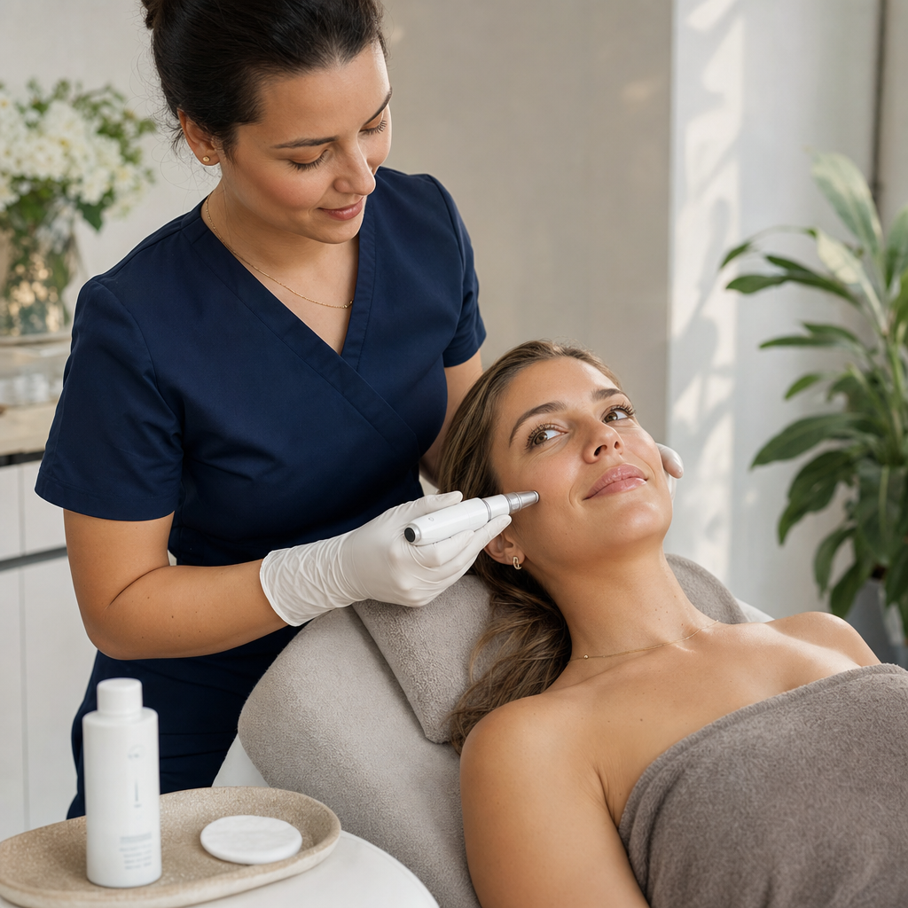 Entspannte Kundin bei einer professionellen Microneedling-Behandlung in einem sauberen Studio.
