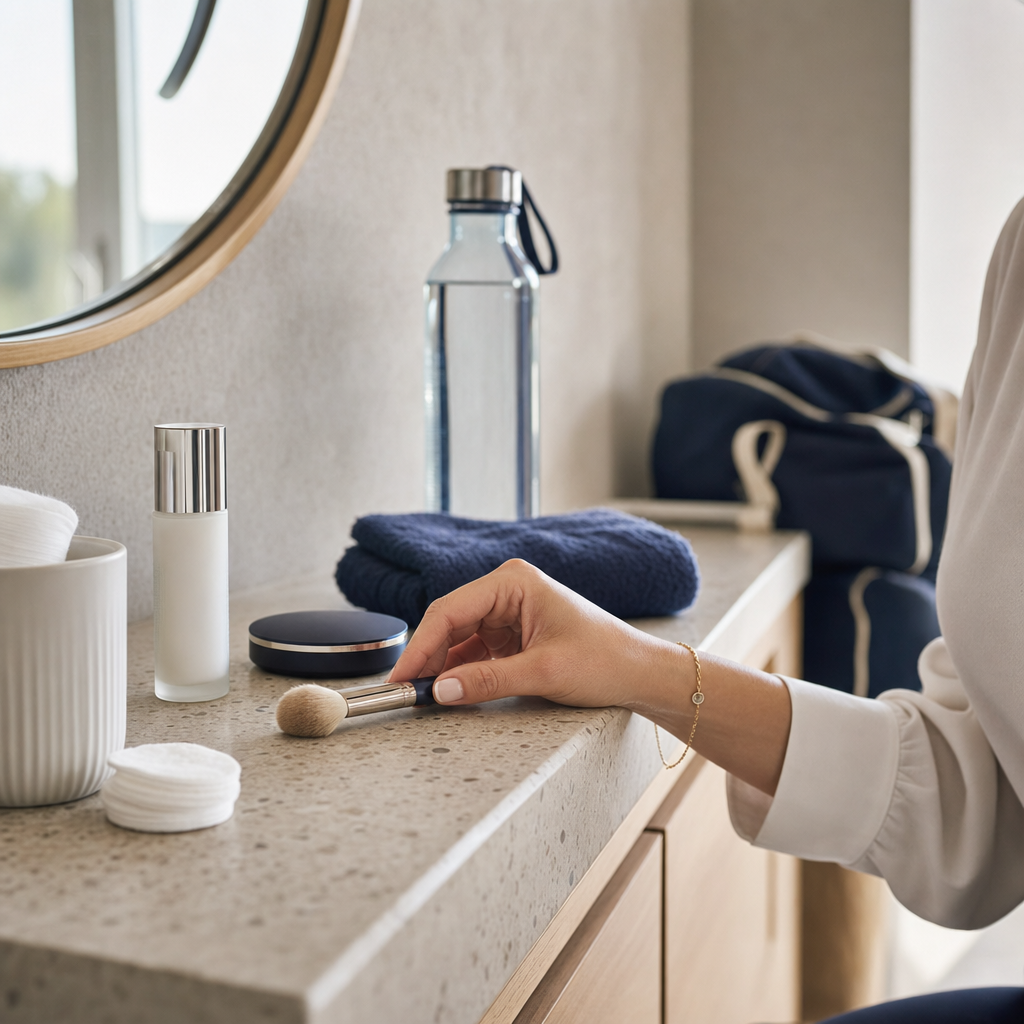 Make-up-Pinsel, Pflegeflasche, Handtuch und Wasserflasche auf einer hellen Badezimmerablage nach Microneedling.