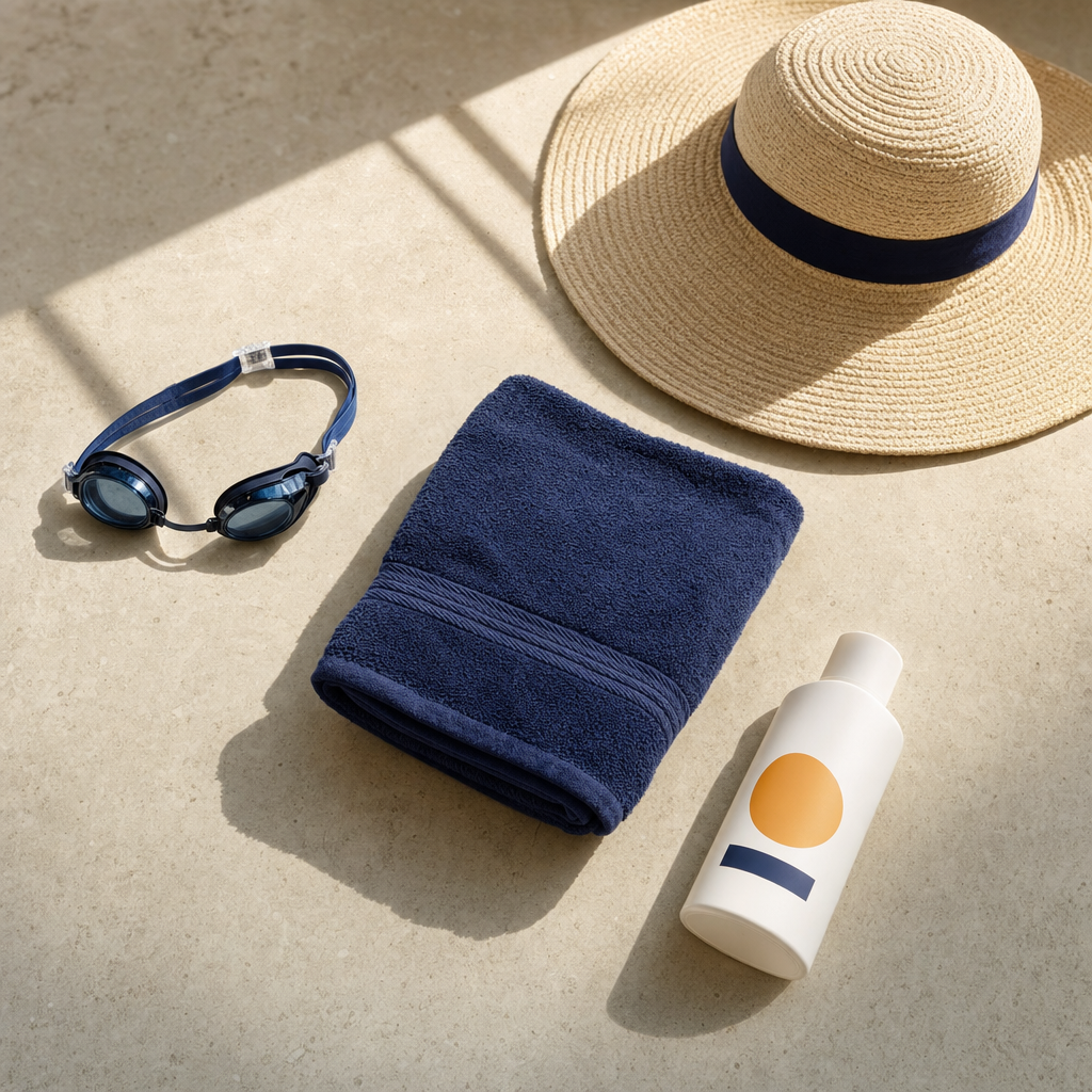 Textfreie Infografik mit Schwimmbrille, Handtuch, Sonnenschutz und Hut zur Nachsorge nach Microneedling.